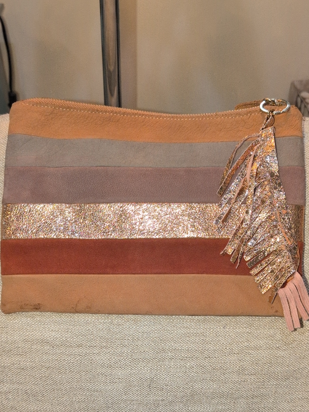 Striped Suede And Metallic Pink Clutch with Met. PinkTassel - Blush, Tan & Rust